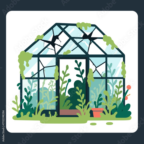 Illustration of a Greenhouse with Plants and Broken Glass, Representing Neglect and Decay