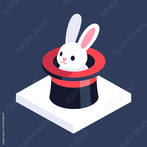 Isometric Illustration of a White Rabbit Emerging from a Classic Black and Red Magic Hat on a White Platform