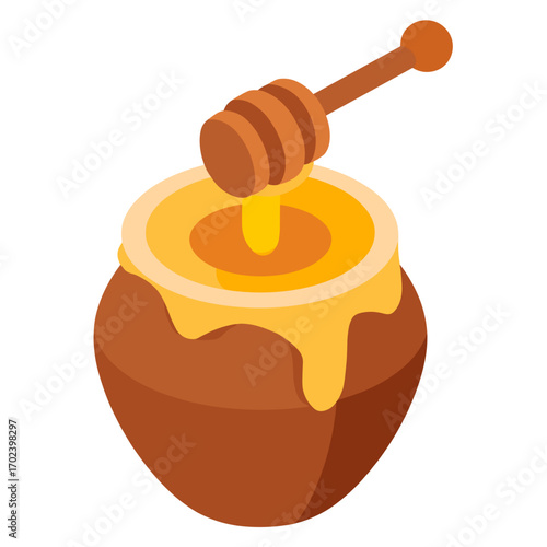 Isometric Illustration of Honey Pot with Honey Dripping from a Honey Dipper, Sweet Treat