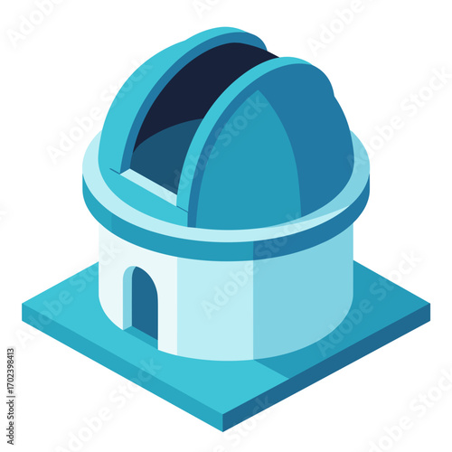 Isometric Illustration of a Blue and White Astronomical Observatory Building for Scientific Research