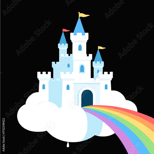 Fantasy Castle on a Cloud with Rainbow Bridge Illustration in Flat Design Style