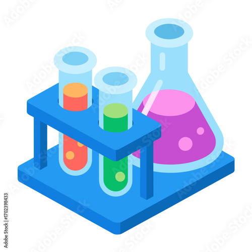 Isometric Science Lab Equipment: Test Tubes and Flask with Colorful Liquids Illustration