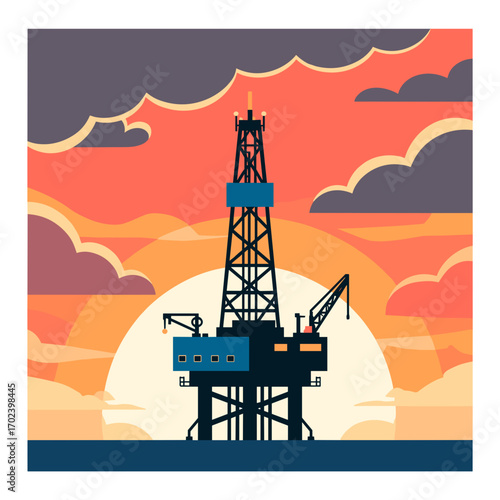 Oil Rig Platform at Sunset: Offshore Drilling and Energy Production Illustration with Cloudy Sky