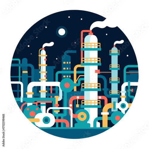 Nighttime Industrial Plant Illustration with Pipes, Tanks, and Smoke Stacks in a Circular Design