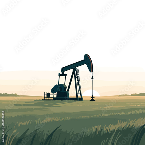 Oil Pump Jack Extracting Crude Oil from a Field at Sunset, Clean Energy Technology
