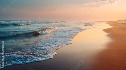Empty Beach at Sunset with Calm Waves – Minimalist Nature Background for Design and Web