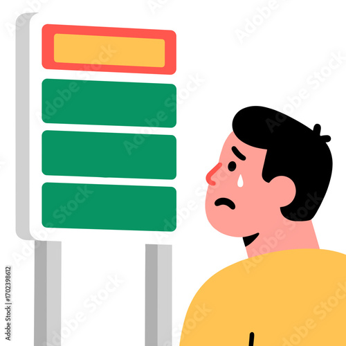 Sad Man Looking at High Gas Prices Sign, Economic Crisis Illustration