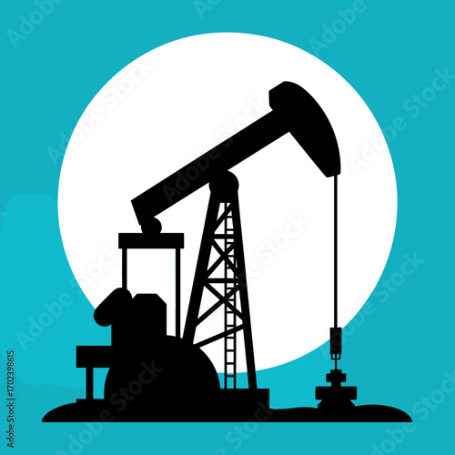Silhouette of an Oil Derrick Against a Full Moon and Teal Background, Representing the Oil Industry