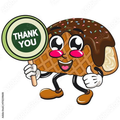 cute choco taco ice cream mascot character vector illustration carrying a sign saying thank you, work of hand drawn