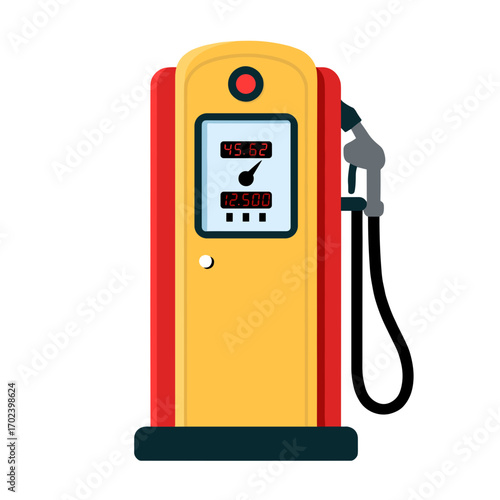Retro Gas Pump Station Illustration with Price Display and Nozzle, Vector Design