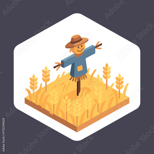 Isometric Illustration of a Scarecrow in a Wheat Field with a Smiling Face and a Brown Hat