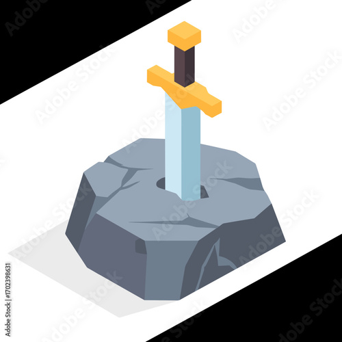 Isometric Illustration of Excalibur Sword in Stone, King Arthur Legend, Vector Graphic