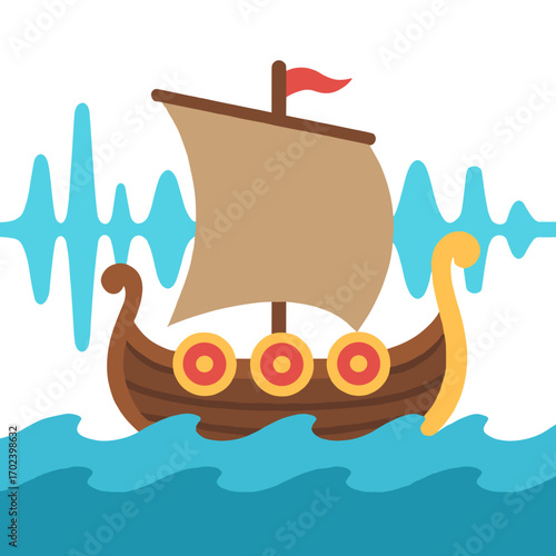 Illustration of a Viking Ship Sailing on Water with Sound Waves in the Background