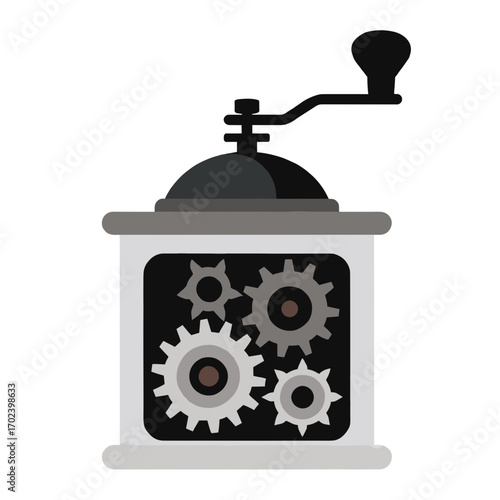 Flat Vector Illustration of a Hand-Cranked Grinder with Internal Gears and a Neutral Color Palette