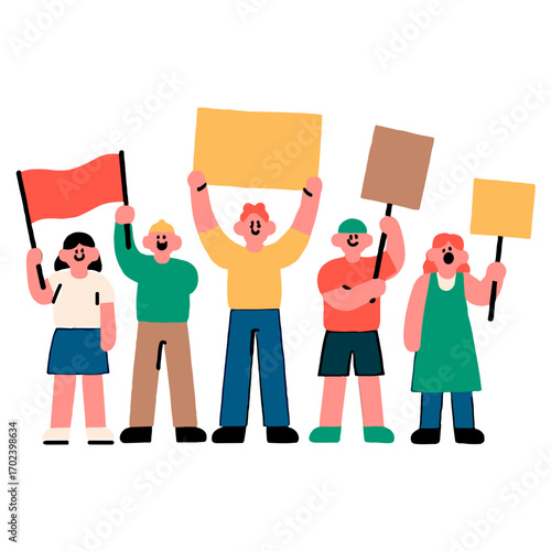 Group of People Protesting with Signs and a Flag, Demonstrating for Social Change and Justice Illustration