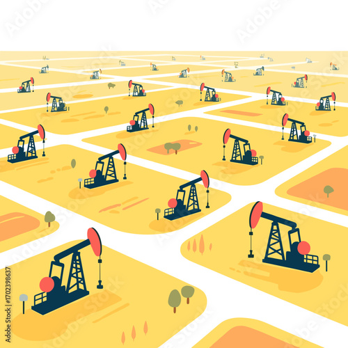 Oil Field Landscape with Multiple Pumpjacks Extracting Petroleum, Flat Vector Illustration