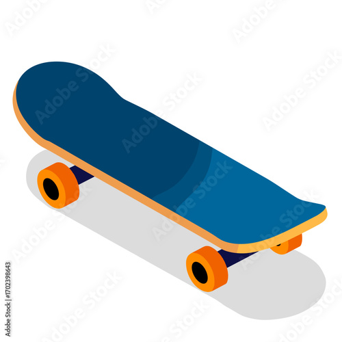 Isometric Blue Skateboard with Orange Wheels and Shadow on White Background Illustration