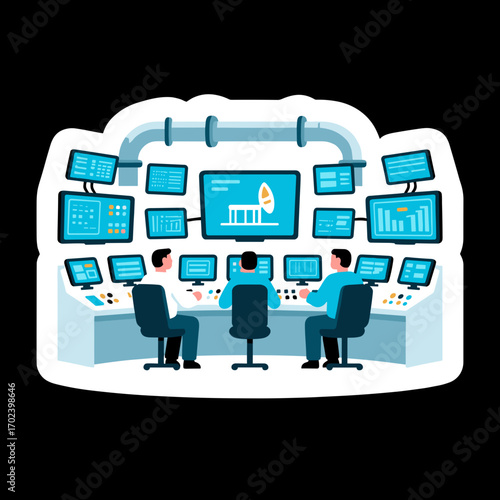 Control Room Illustration with Engineers Monitoring Screens, Industrial Process and System Management