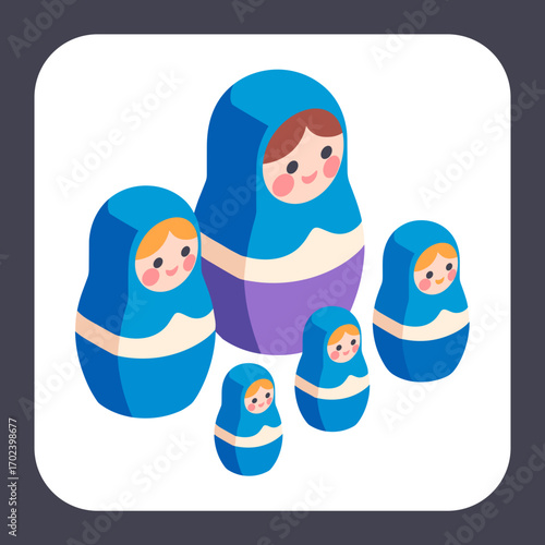 Isometric Vector Illustration of a Set of Blue and Purple Matryoshka Dolls, Russian Nesting Dolls
