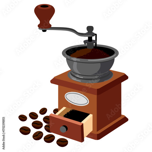 Illustration of a Vintage Coffee Grinder with Coffee Beans Scattered Around, a Classic Beverage Preparation Tool
