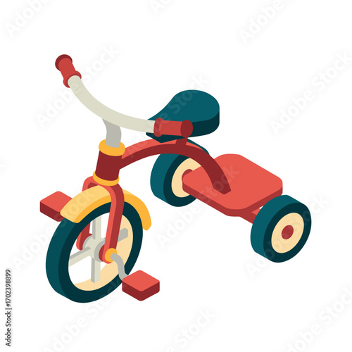 Isometric Illustration of a Red and Yellow Tricycle with Three Wheels for Children