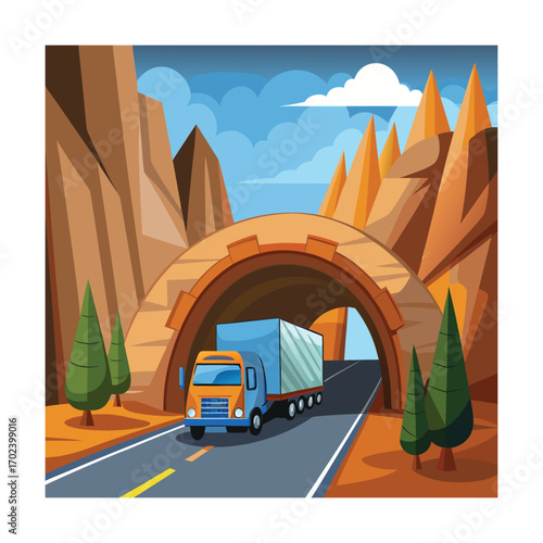 Cartoon Truck Driving Out of Tunnel in Rocky Hills Artwork