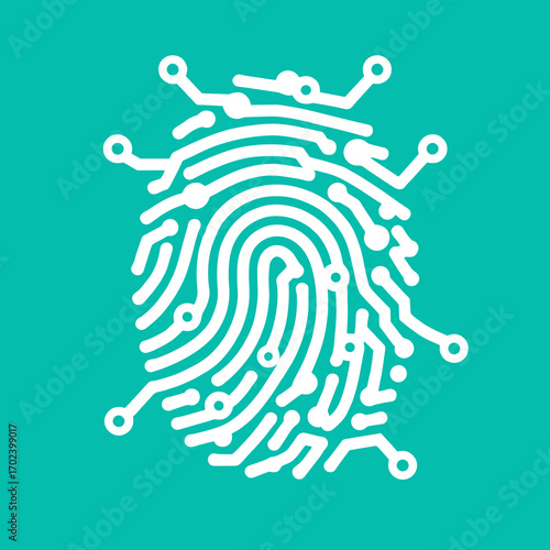 Fingerprint Scan Digital Security Technology Illustration on Teal Background, Biometric Identification and Access Control