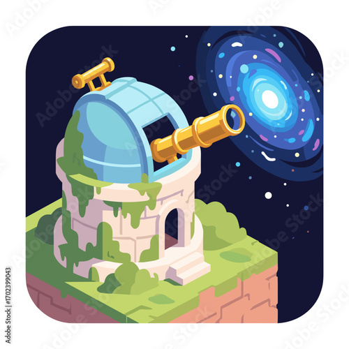 Illustration of an Observatory with Telescope and Galaxy in the Night Sky, Science and Exploration