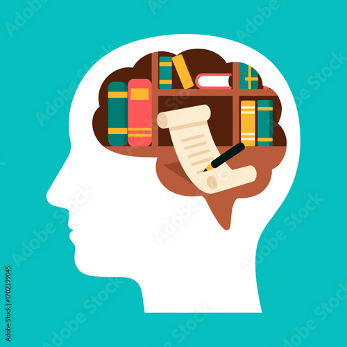 Conceptual Illustration of Knowledge and Learning: Bookshelf Brain with Scroll and Pen, Representing Education and Wisdom