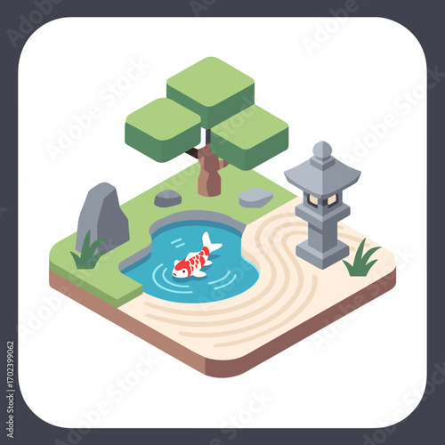 Isometric Zen Garden Illustration with Koi Fish Pond, Tree, and Stone Lantern for Relaxation and Meditation