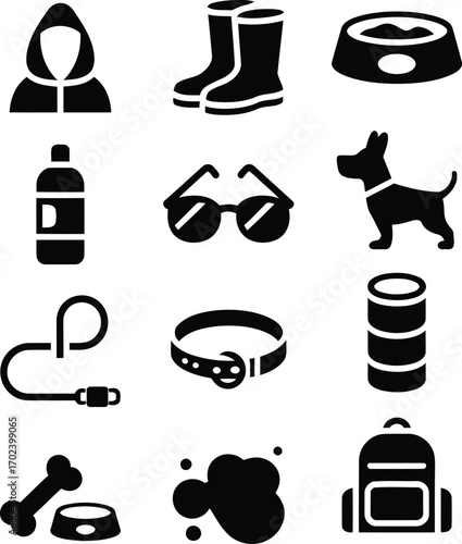 Collection of Canine Essentials and Outdoor Gear A Black and White Pictorial Representation of a Dog Owner's Necessities and Adventure Accessories