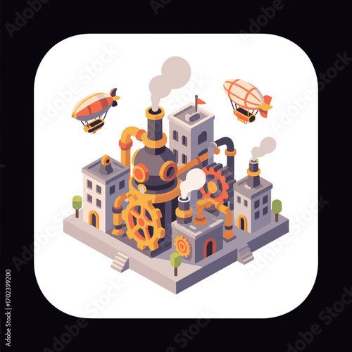 Isometric Steampunk Industrial Cityscape with Airships and Gears Illustration, Retro-Futuristic Design