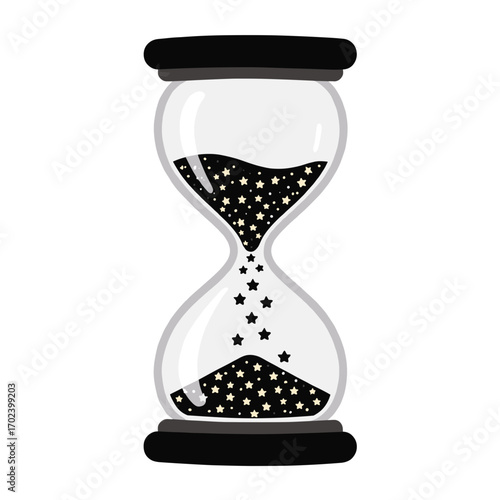Hourglass with Black Stars Flowing Through, Representing Time Passing Illustration