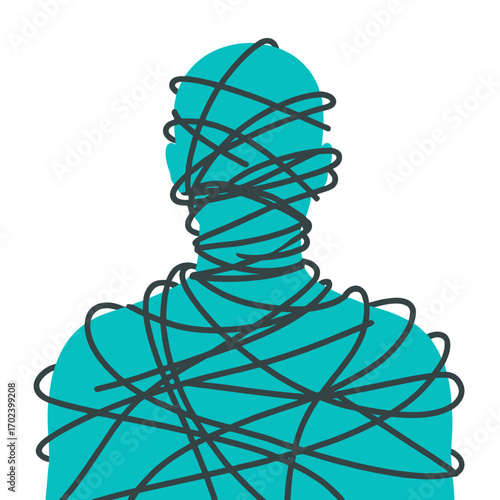 Abstract Silhouette of a Person Ensnared by Tangled Lines Representing Anxiety and Mental Health Struggles