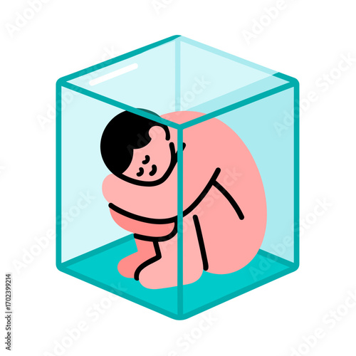 Illustration of a Person Curled Up Inside a Transparent Cube, Representing Confinement and Isolation