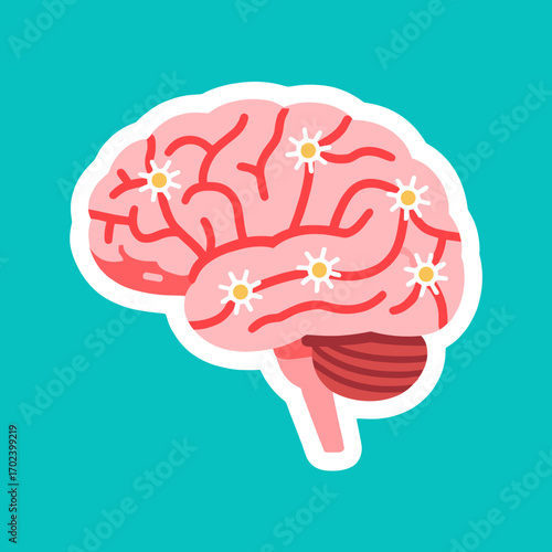 Stylized Human Brain with Synapses Illustration on Teal Background, Representing Neural Activity and Cognitive Function