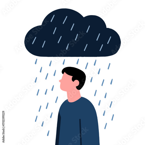 Illustration of a Person Standing Under a Rain Cloud, Depicting Sadness and Depression, Mental Health Awareness