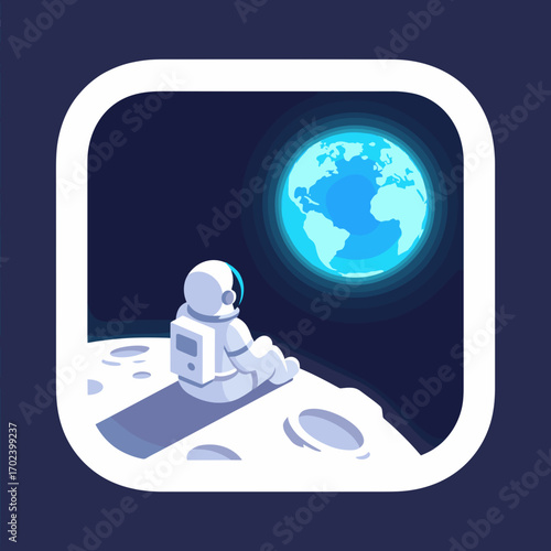 Astronaut Sitting on the Moon Watching Earth, Vector Illustration with Space Background and White Frame