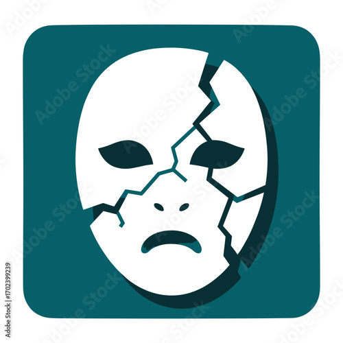 Cracked Mask Icon Depicting Inner Turmoil and Emotional Breakdown, Symbolic Representation of Mental Health Issues
