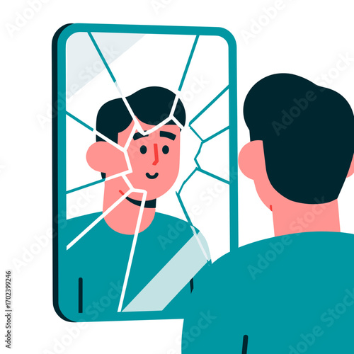 Illustration of a Man Looking in a Cracked Mirror Reflecting a Fractured Image, Representing Self-Perception and Mental Health
