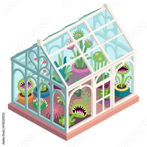 Isometric Illustration of a Greenhouse Filled with Various Cartoon Carnivorous Plants in Pots