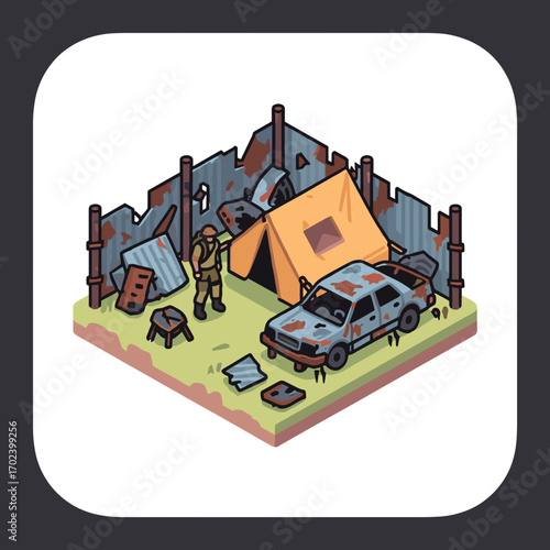 Isometric Illustration of a Post-Apocalyptic Scene with a Soldier, Tent, and Damaged Car in a Ruined Environment