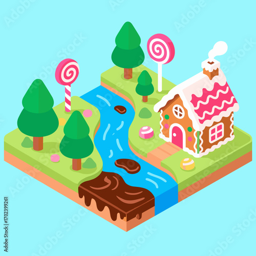 Isometric Gingerbread House Landscape with Candy, River, and Trees Illustration