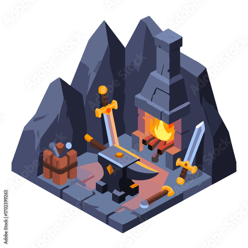 Isometric Blacksmith Workshop Illustration with Anvil, Forge, Swords, and Tools in a Mountain Cave Setting