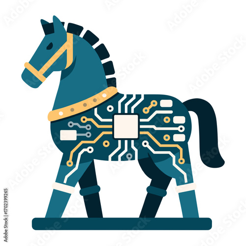 Trojan Horse Cybersecurity Concept Illustration with Circuit Board Design and Teal Color Palette