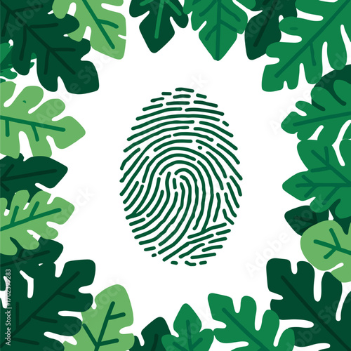 Green Fingerprint Surrounded by Lush Green Leaves, Representing Environmental Identity and Sustainability