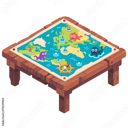 Isometric World Map Table with Cartoon Sea Creatures Illustration for Children's Game Design