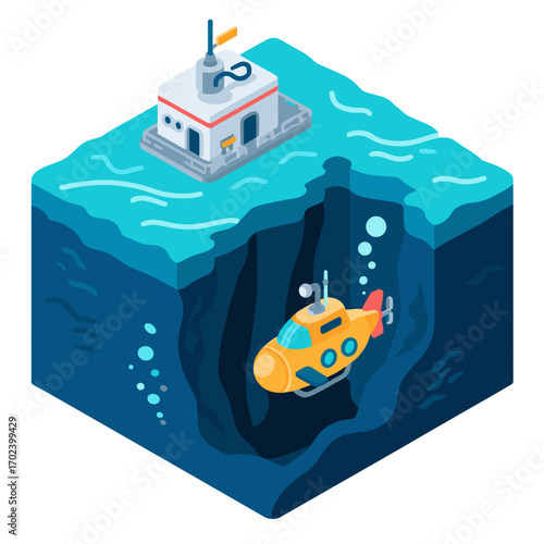Isometric Illustration of a Yellow Submarine Exploring a Deep Ocean Trench Near a Research Station