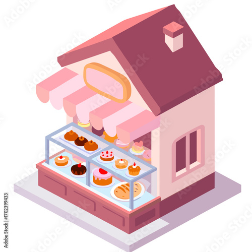 Isometric Bakery Shop Illustration with Cakes and Pastries Displayed in a Window, Sweet Treats