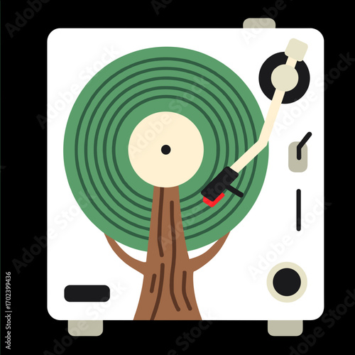 Abstract Green Vinyl Record Player with Tree Trunk Base Design Illustration